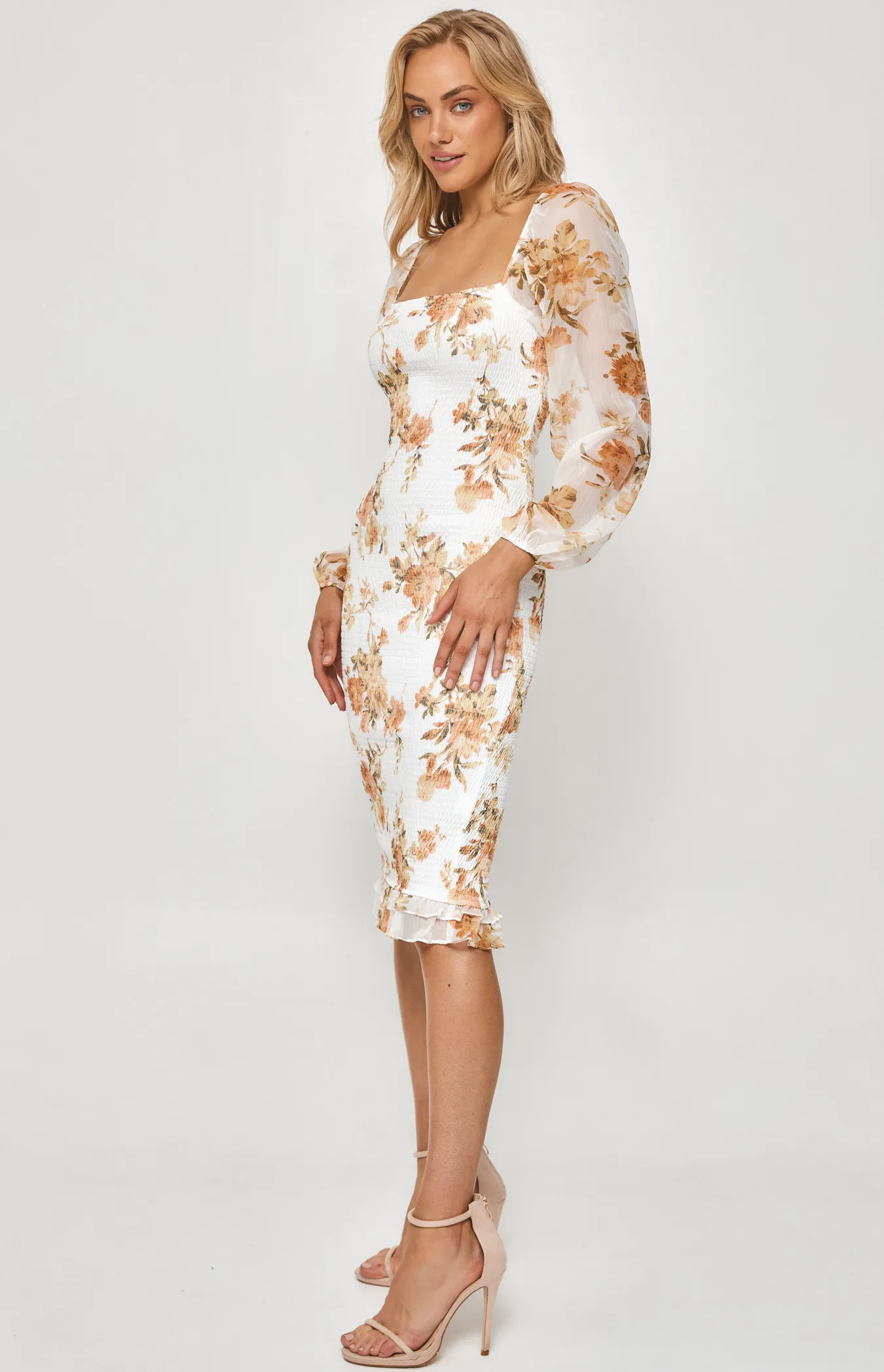 Floral Long Sleeve Shirred Midi Dress (SDR1186B)