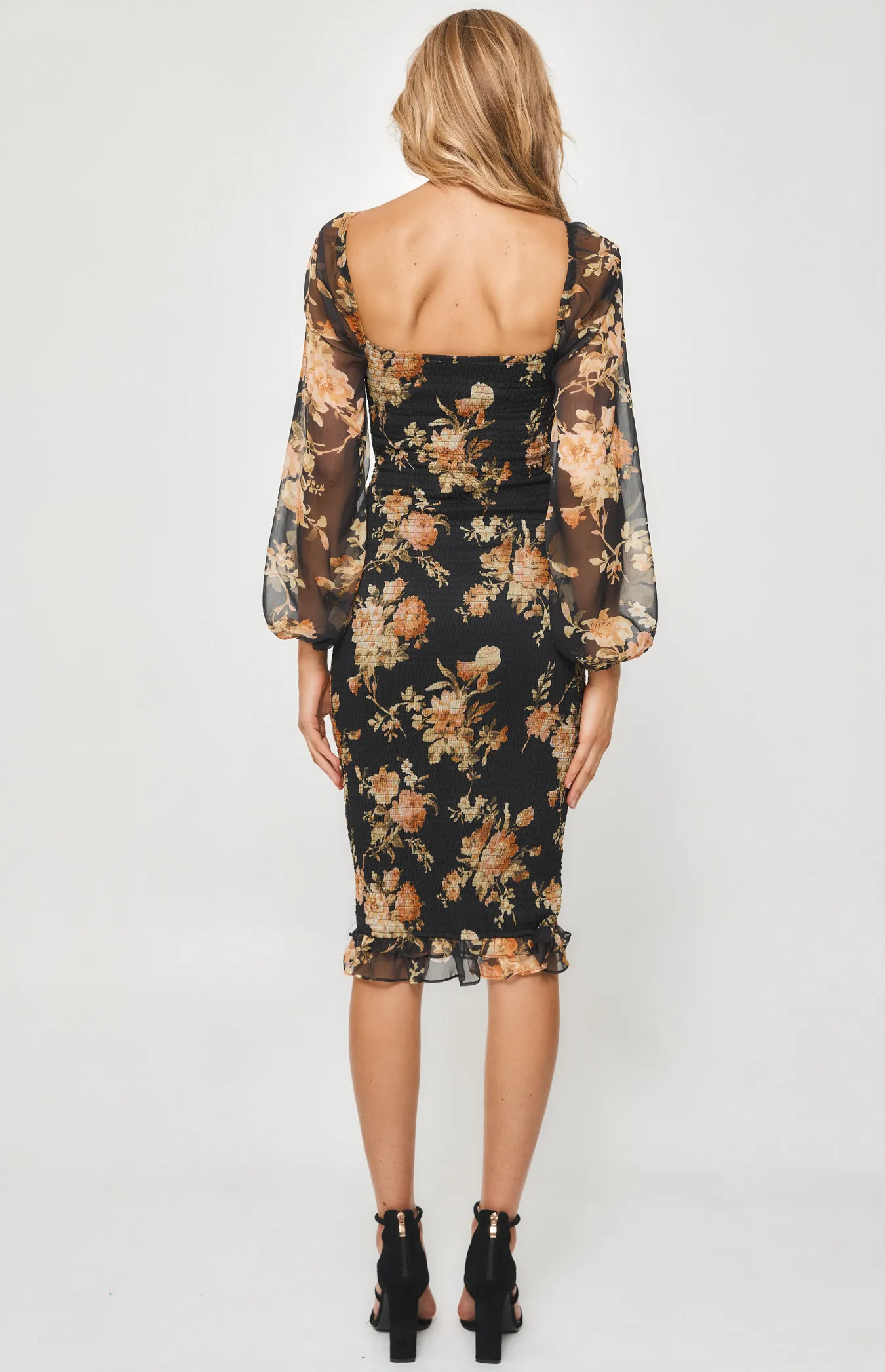 Floral Long Sleeve Shirred Midi Dress (SDR1186B)