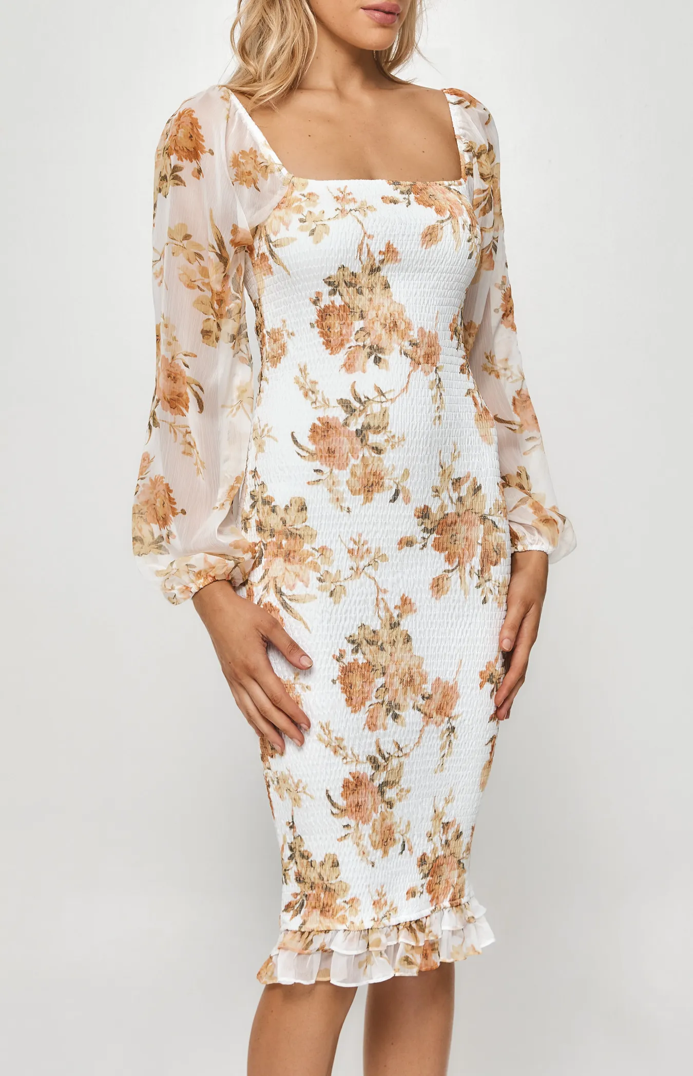 Floral Long Sleeve Shirred Midi Dress (SDR1186B)