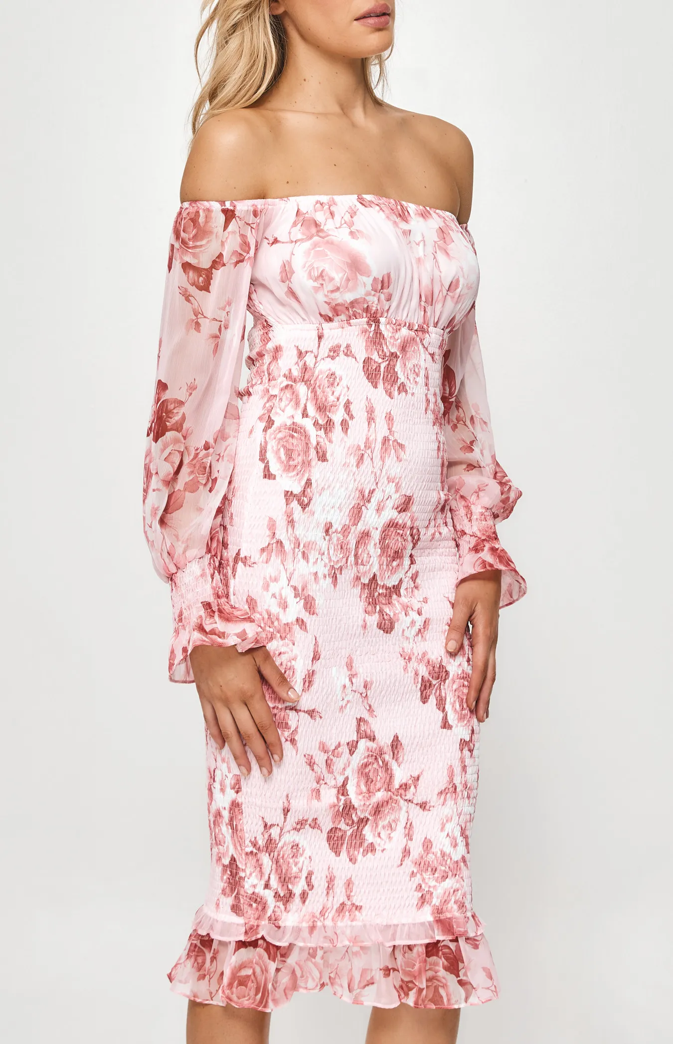 Floral Off the Shoulder Shirred Midi Dress (SDR1083-2A)