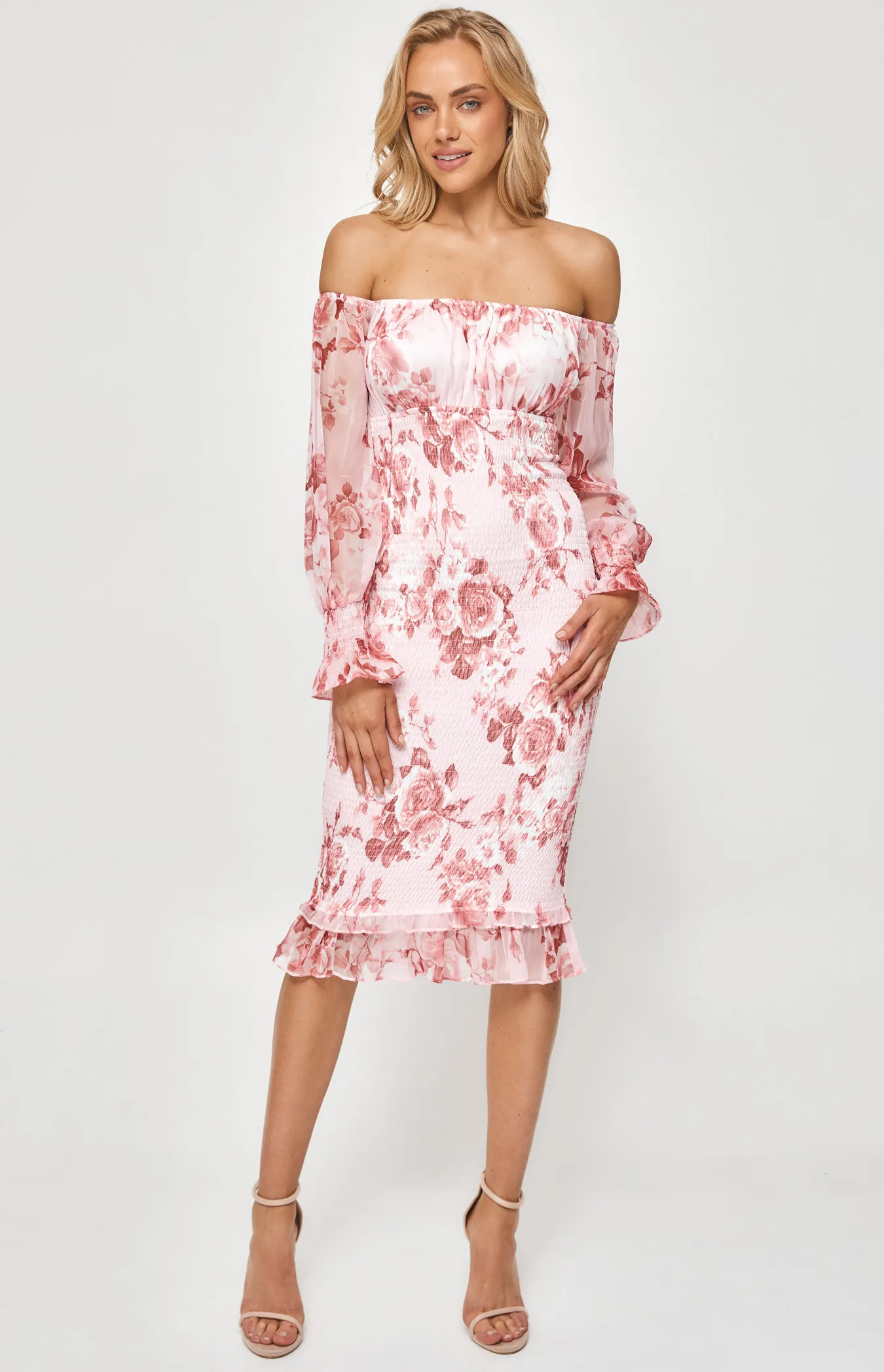 Floral Off the Shoulder Shirred Midi Dress (SDR1083-2A)