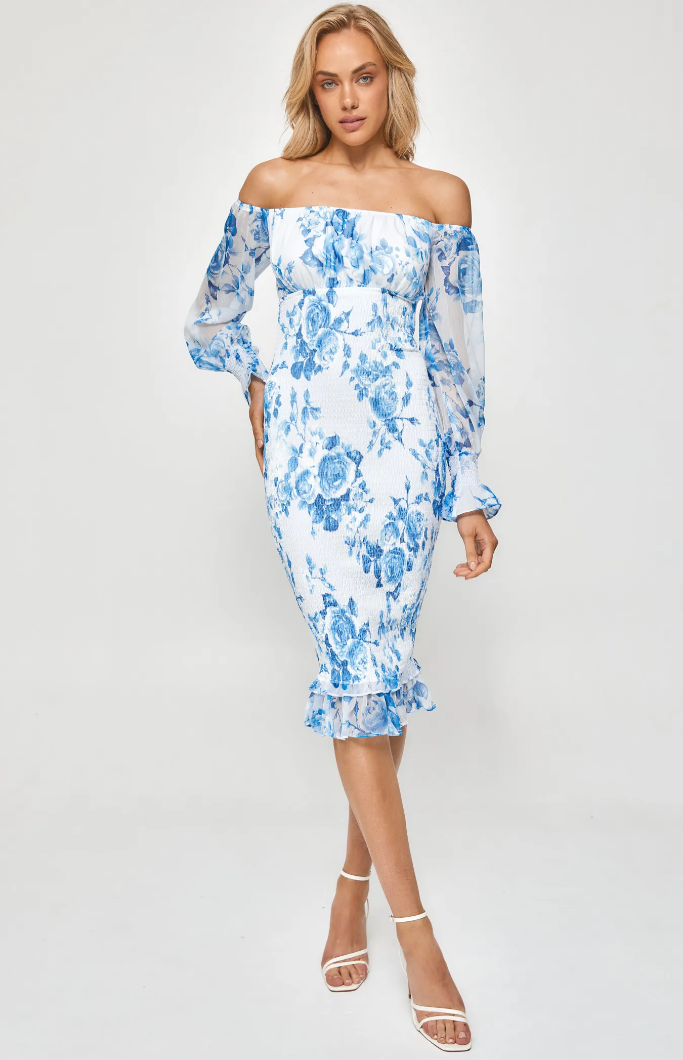 Floral Off the Shoulder Shirred Midi Dress (SDR1083-2A)