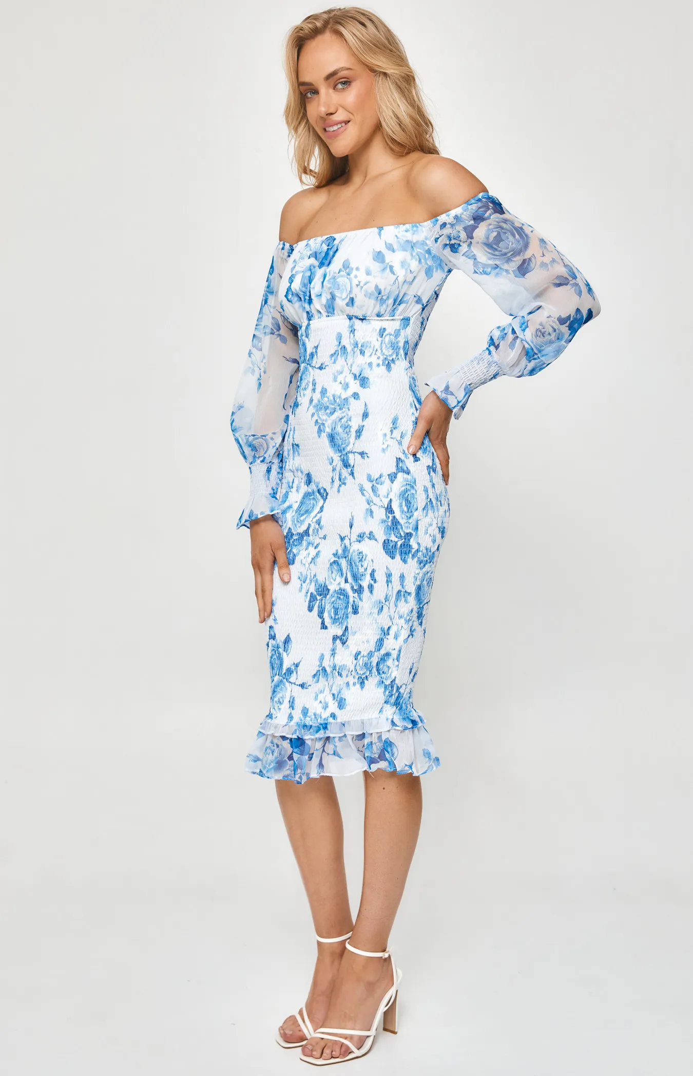 Floral Off the Shoulder Shirred Midi Dress (SDR1083-2A)