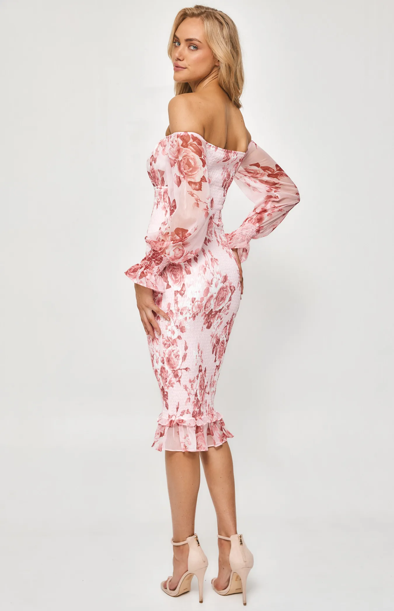 Floral Off the Shoulder Shirred Midi Dress (SDR1083-2A)