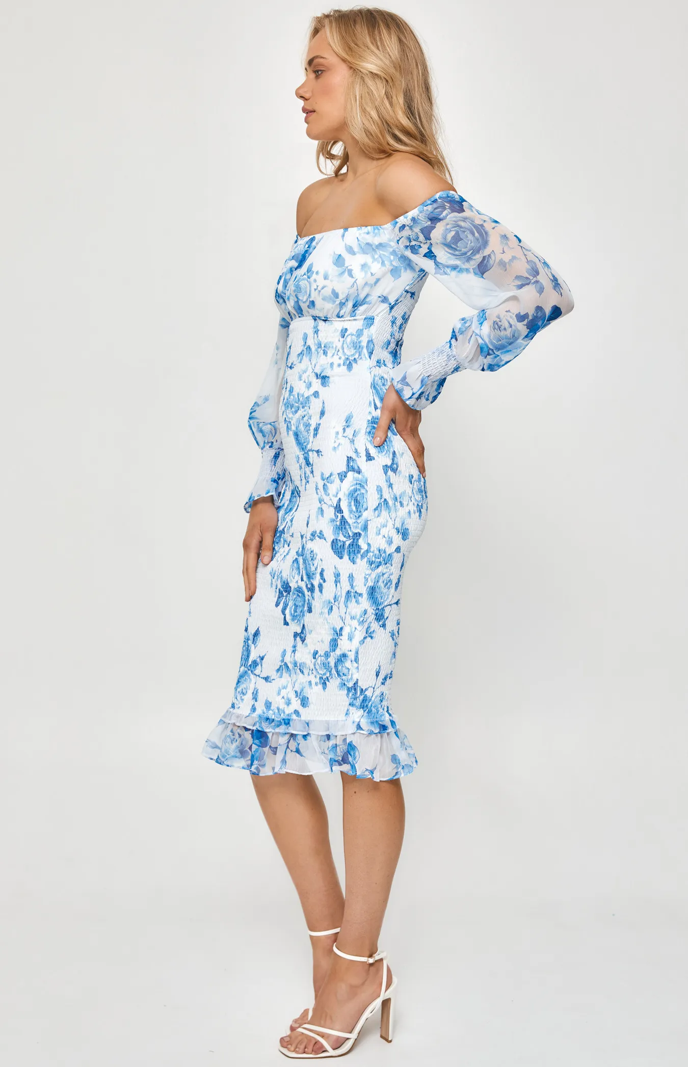 Floral Off the Shoulder Shirred Midi Dress (SDR1083-2A)