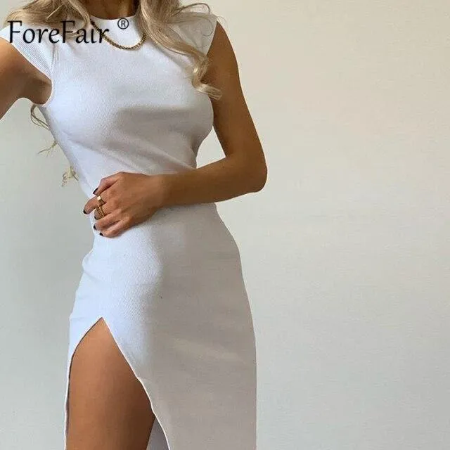 Forefair Bodycon Slit Short Sleeve Midi Dress With O-Neck