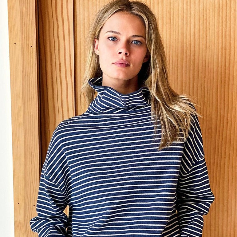 Funnel Neck Top in Navy Stripe