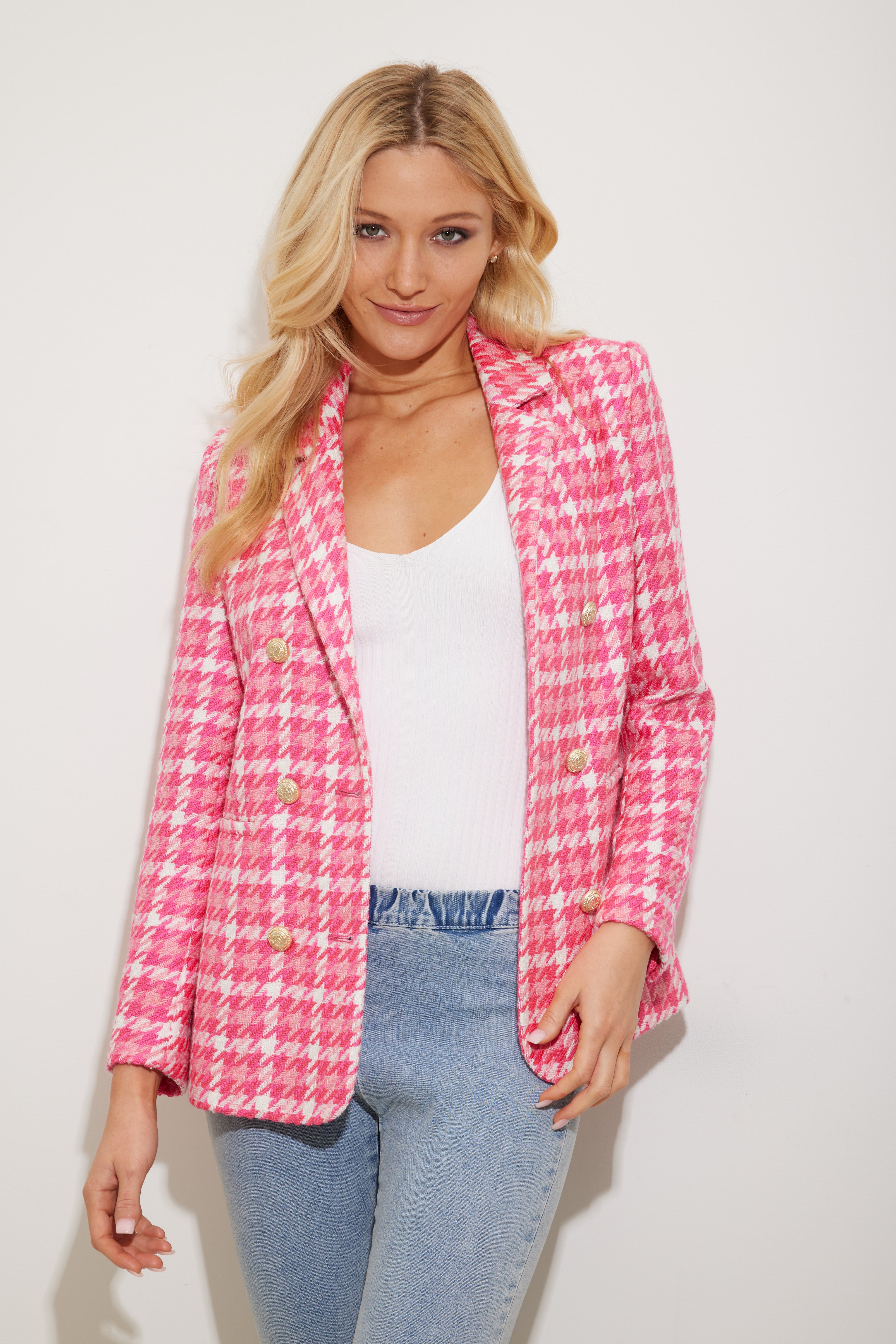 Generation Love - Abby Tweed Blazer - Hot Pink Houndstooth