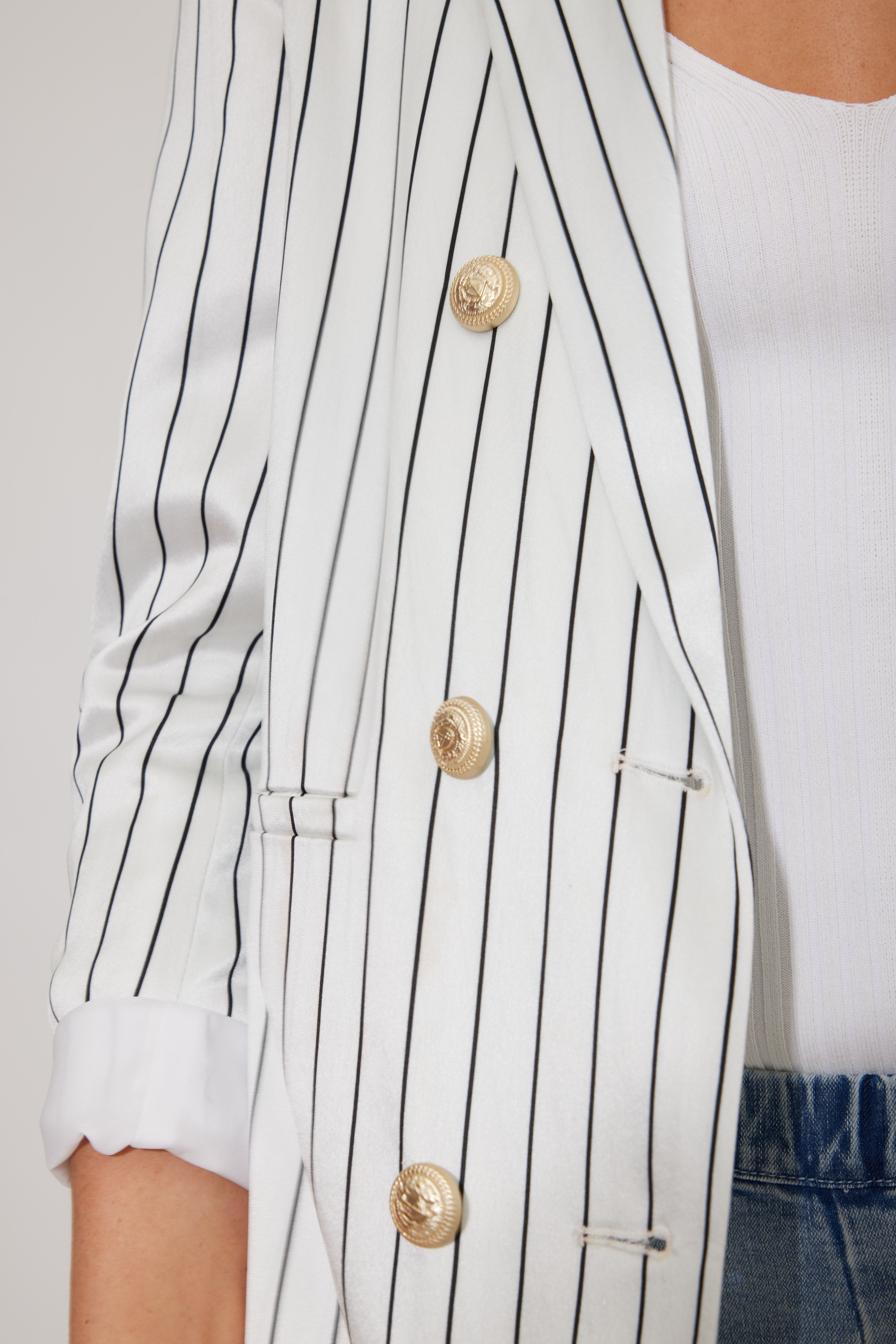 Generation Love - Leighton Satin Blazer - White Pinstripe