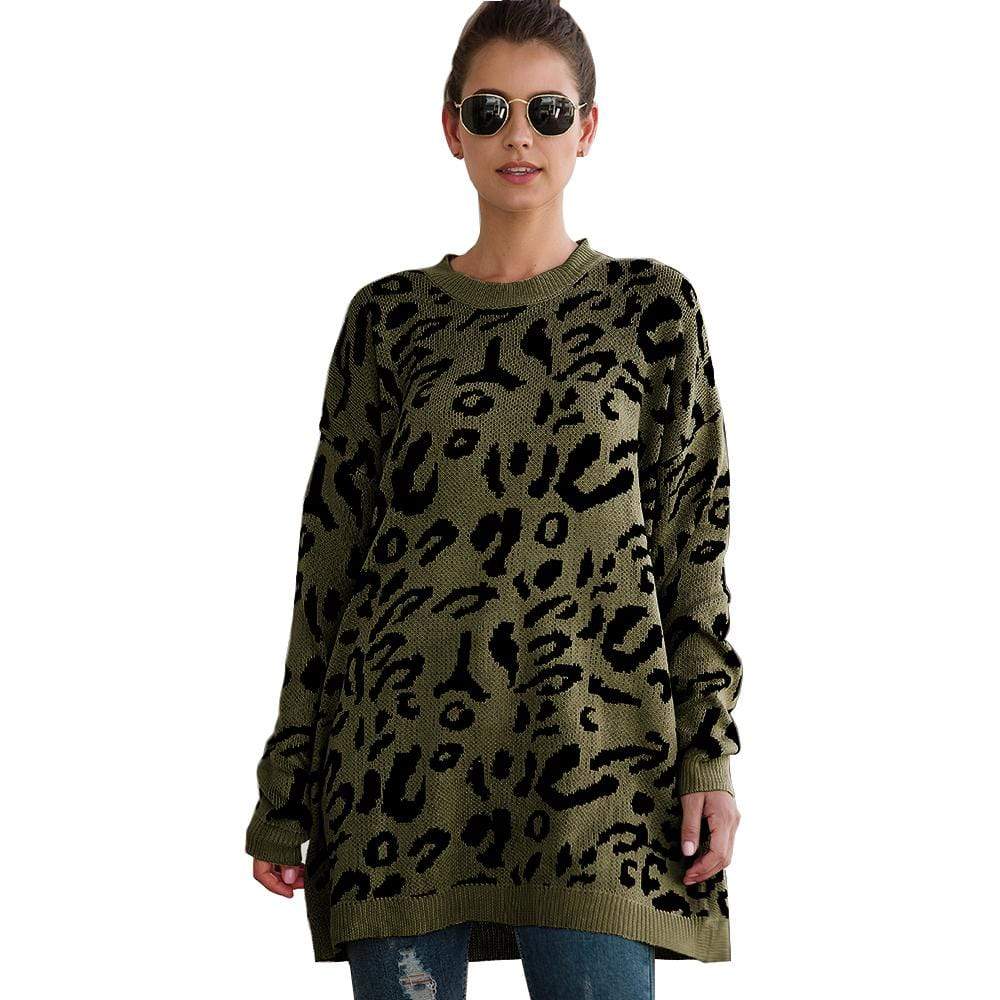 Haute Edition Leopard Print Tunic Length Crew Neck Pullover Thick Knit Sweater