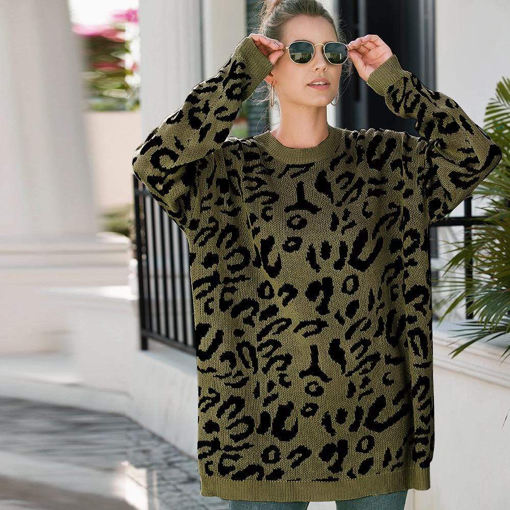 Haute Edition Leopard Print Tunic Length Crew Neck Pullover Thick Knit Sweater