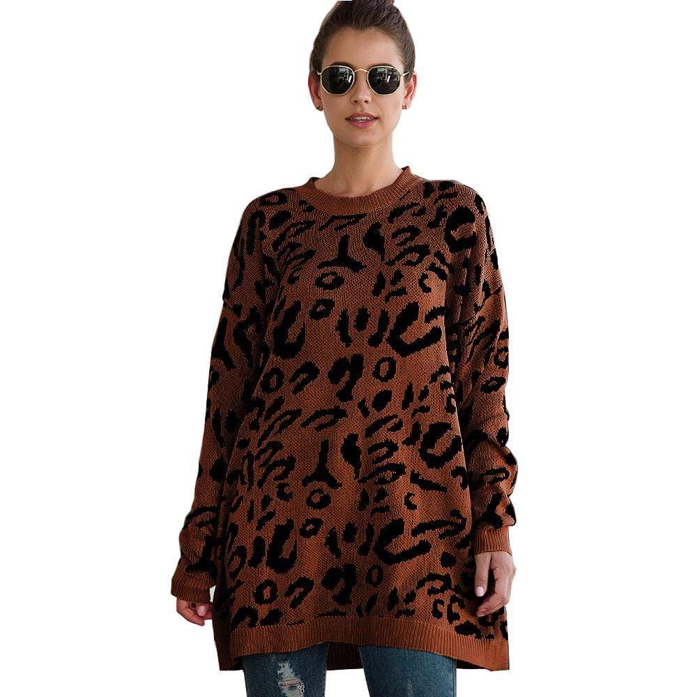 Haute Edition Leopard Print Tunic Length Crew Neck Pullover Thick Knit Sweater