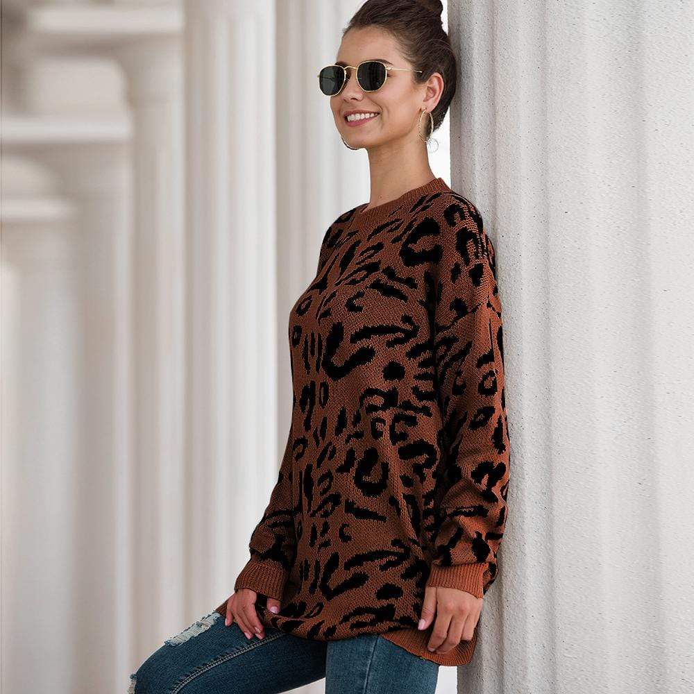 Haute Edition Leopard Print Tunic Length Crew Neck Pullover Thick Knit Sweater