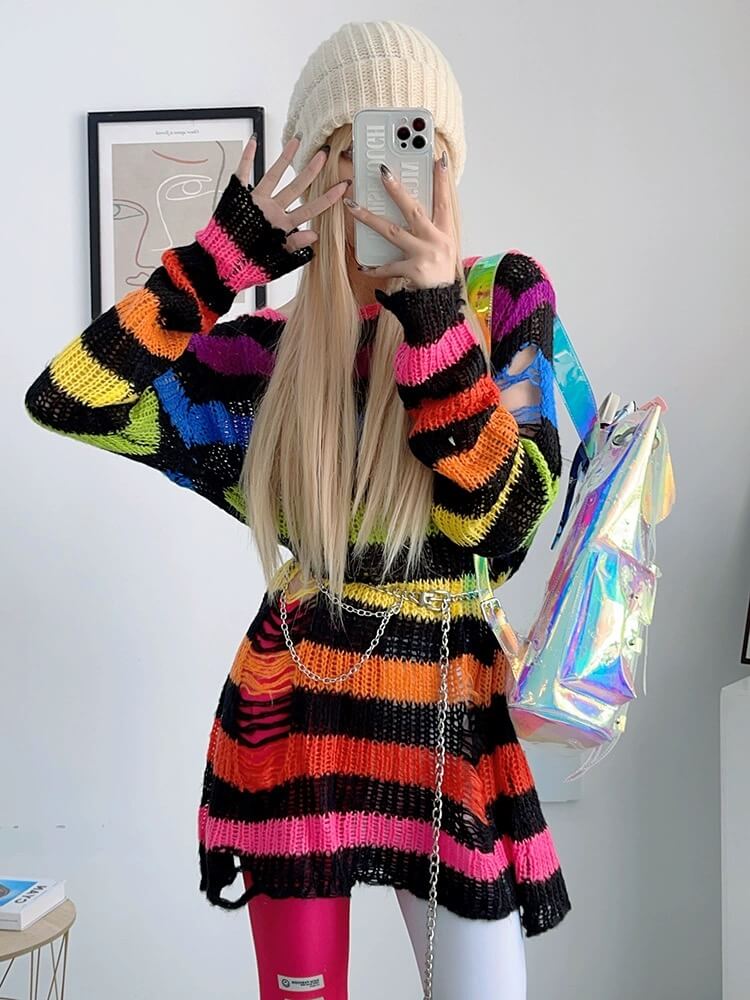 Ins rainbow gradient striped knit sweater BY1008