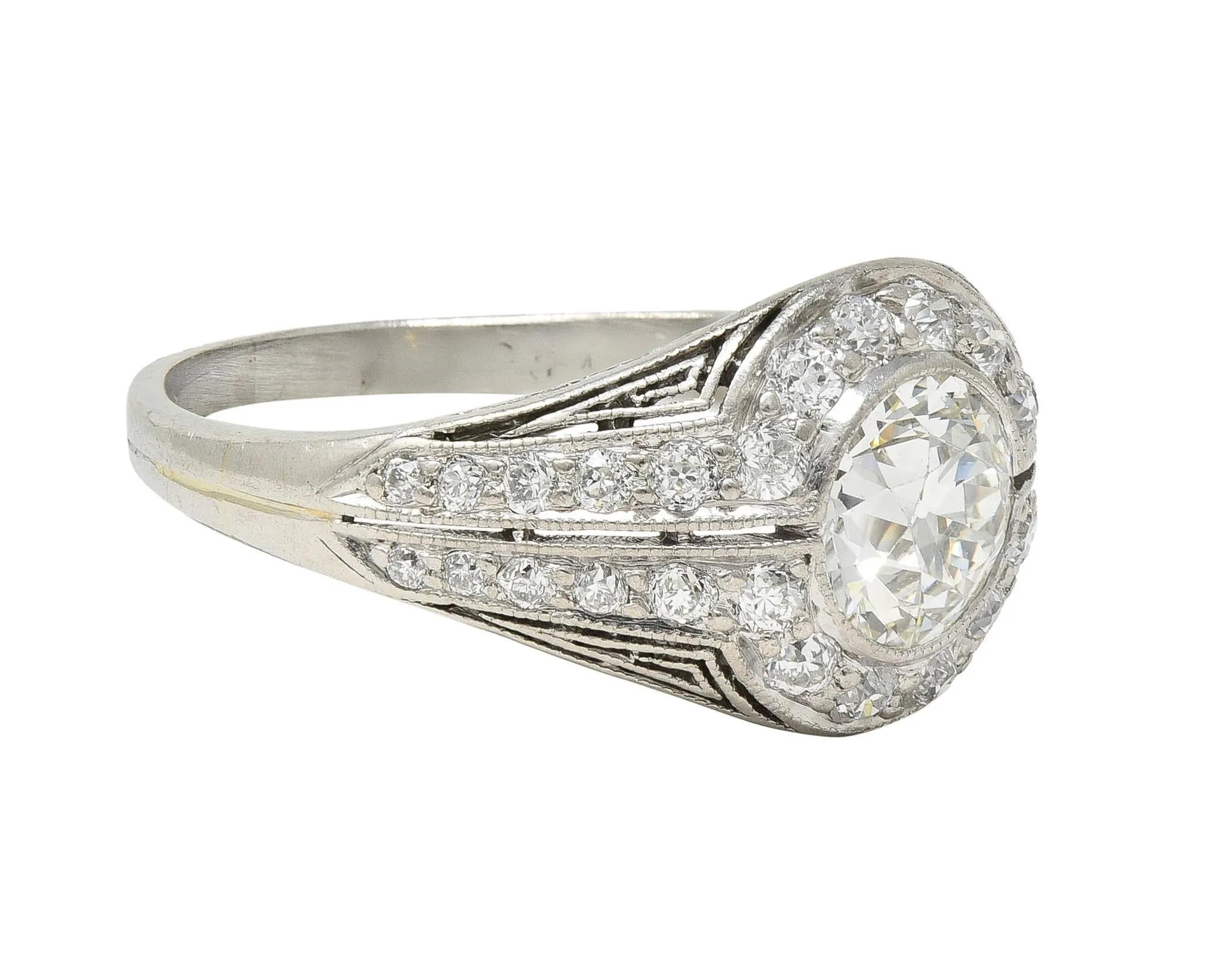 J.E. Caldwell Art Deco 1.35 CTW Diamond Platinum Greek Key Antique Bombé Engagement Ring