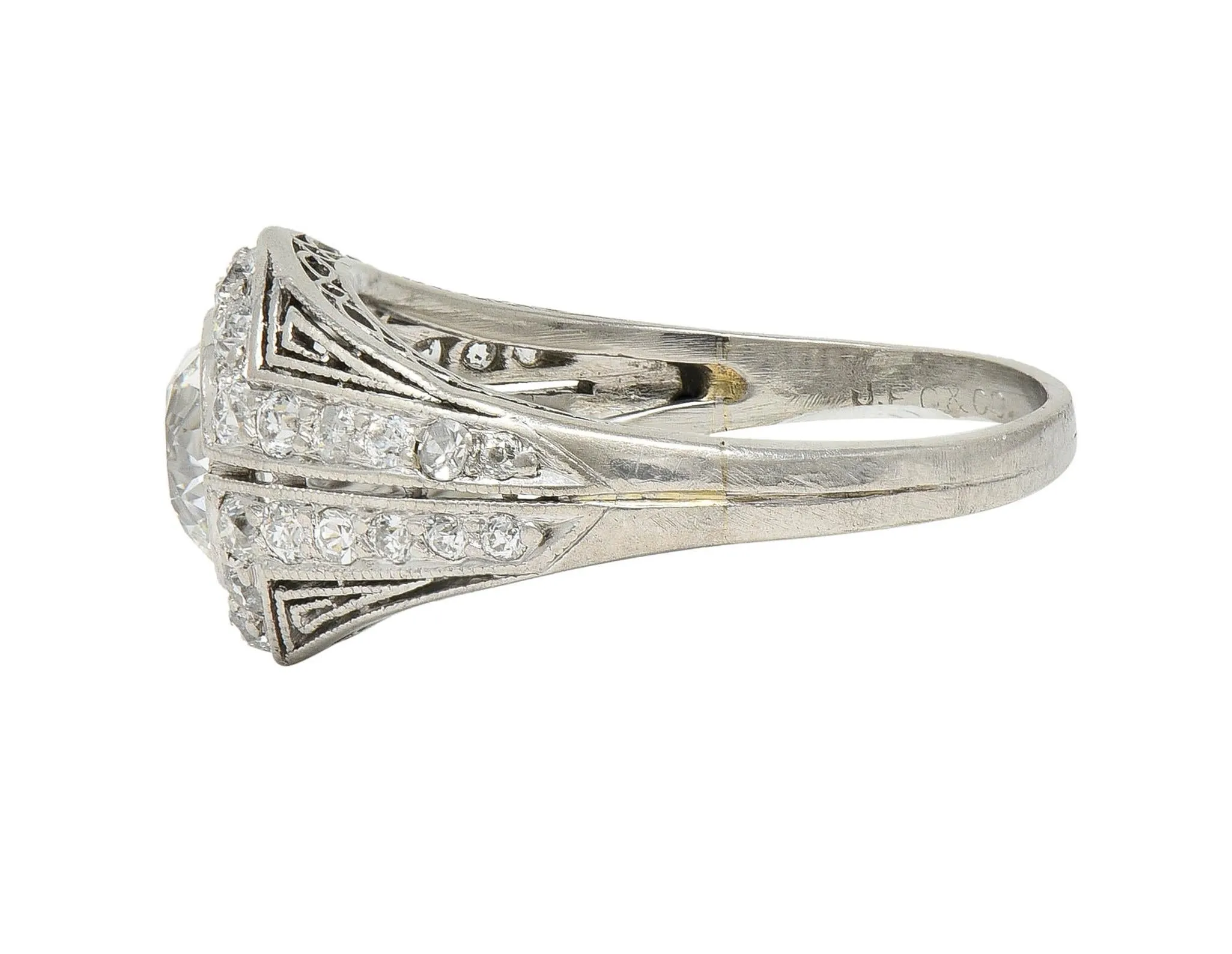 J.E. Caldwell Art Deco 1.35 CTW Diamond Platinum Greek Key Antique Bombé Engagement Ring