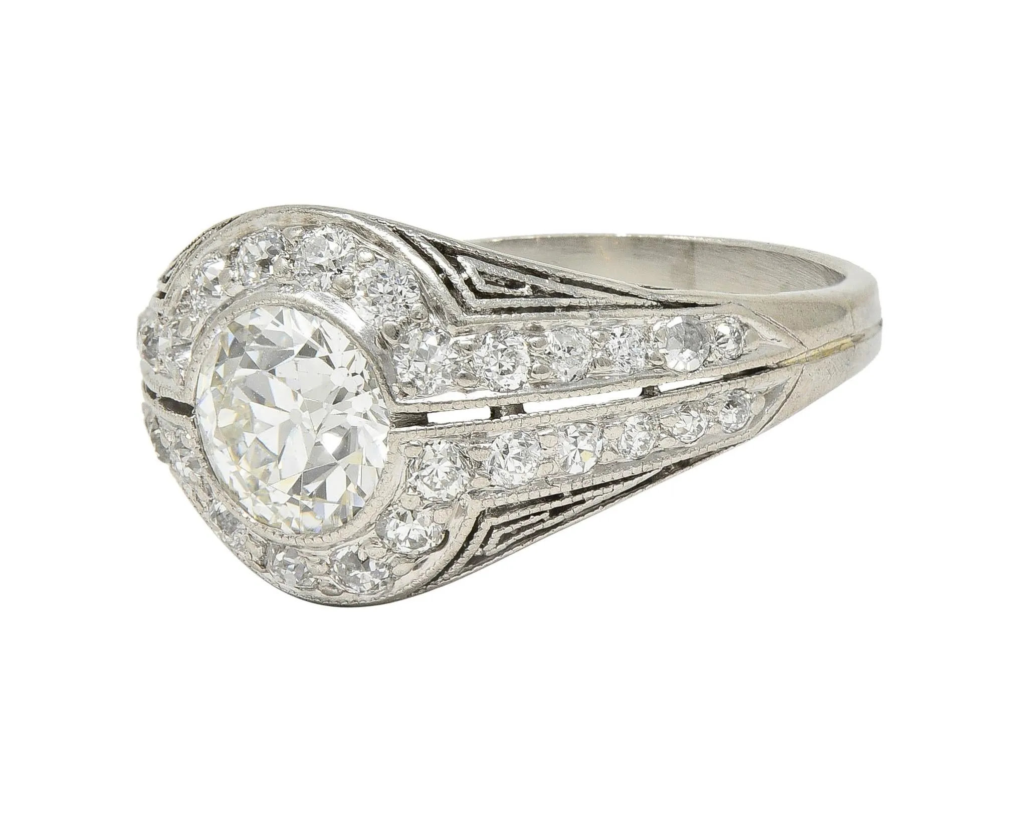 J.E. Caldwell Art Deco 1.35 CTW Diamond Platinum Greek Key Antique Bombé Engagement Ring