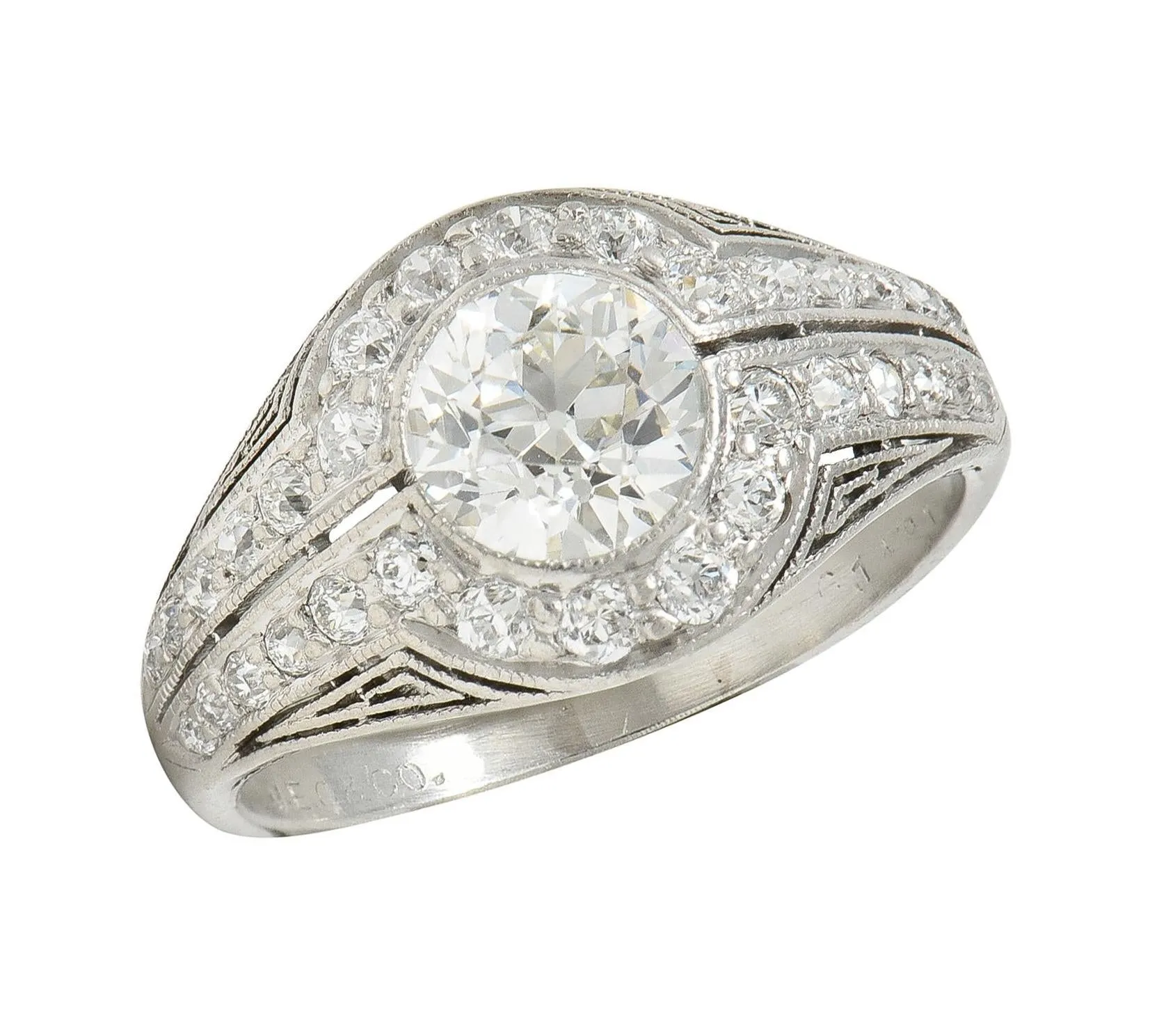 J.E. Caldwell Art Deco 1.35 CTW Diamond Platinum Greek Key Antique Bombé Engagement Ring