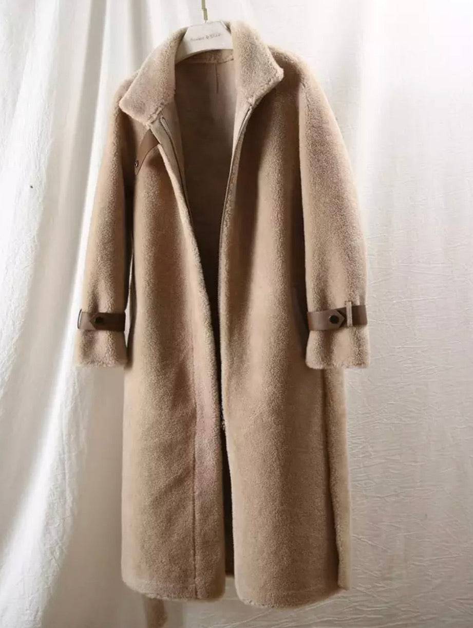 Lamb Wool Genuine Sheep Shearing Fur Belted Teddy Coat