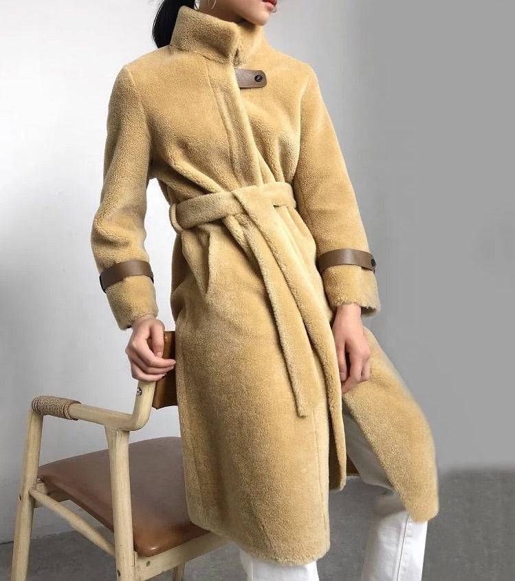 Lamb Wool Genuine Sheep Shearing Fur Belted Teddy Coat