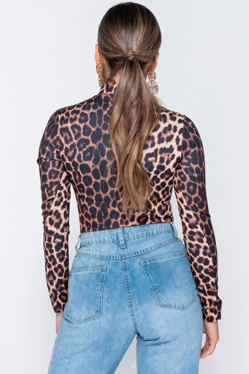 Leopard Print High Neck Long Sleeve Bodysuit