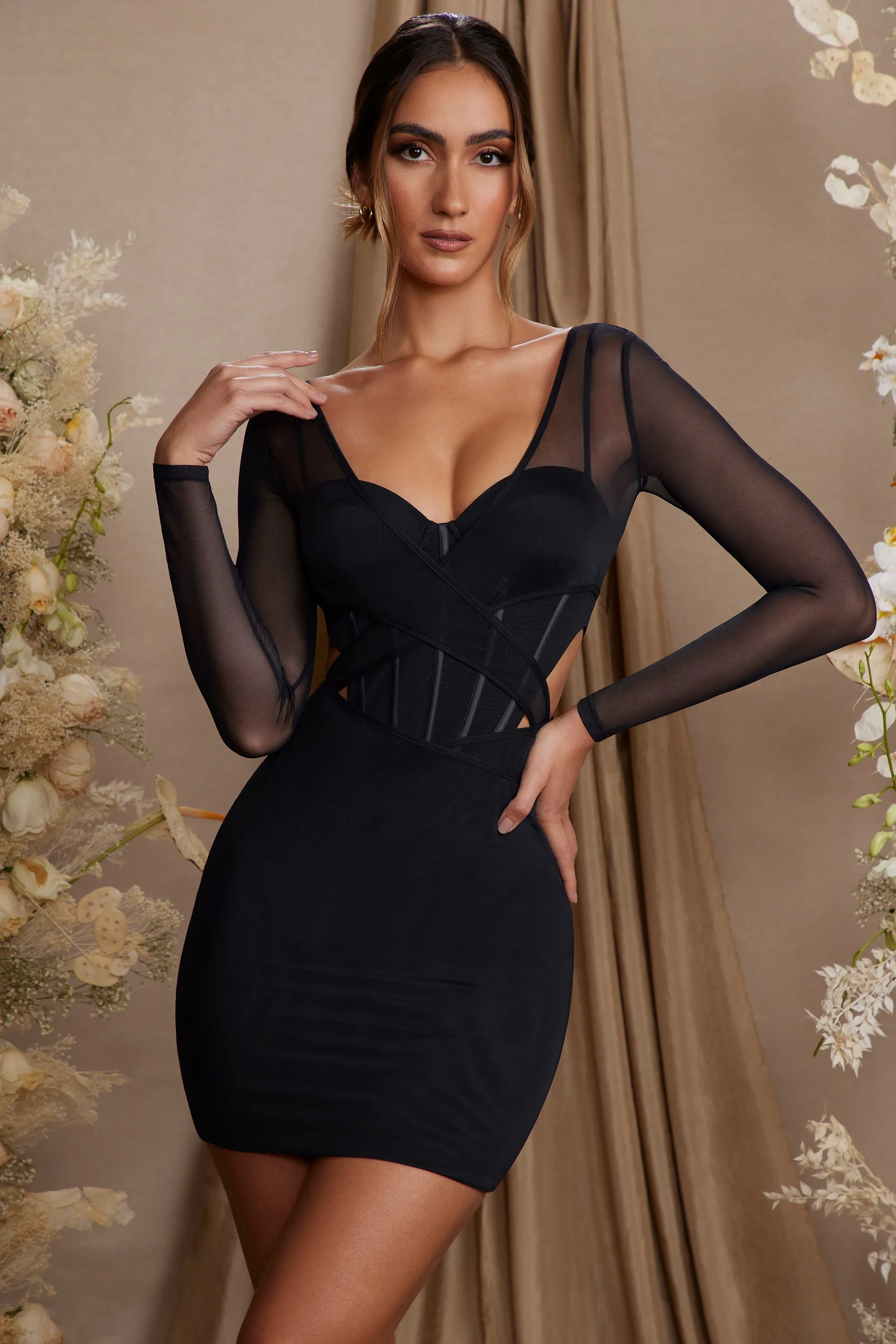 Long Sleeve Layered Corset Mini Dress in Black