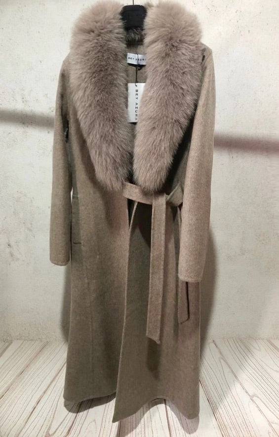 Long Wool Cashmere Coat With Removable Fox Fur Trims