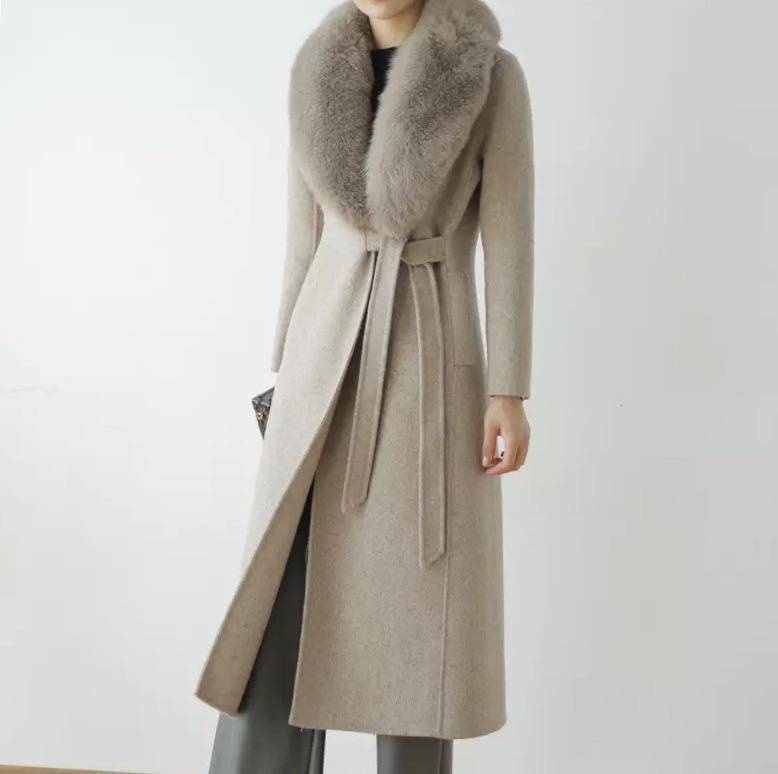 Long Wool Cashmere Coat With Removable Fox Fur Trims