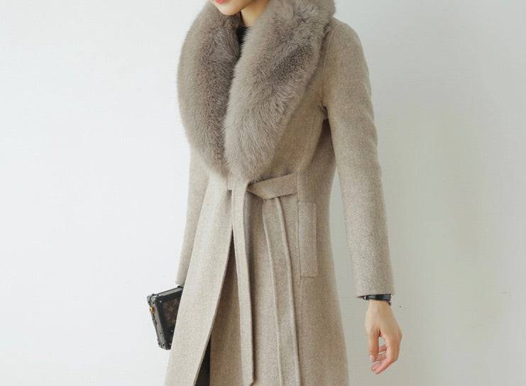 Long Wool Cashmere Coat With Removable Fox Fur Trims