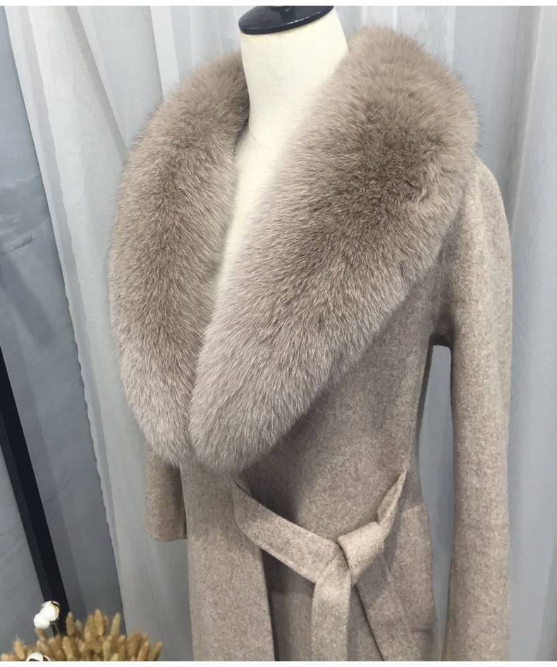 Long Wool Cashmere Coat With Removable Fox Fur Trims