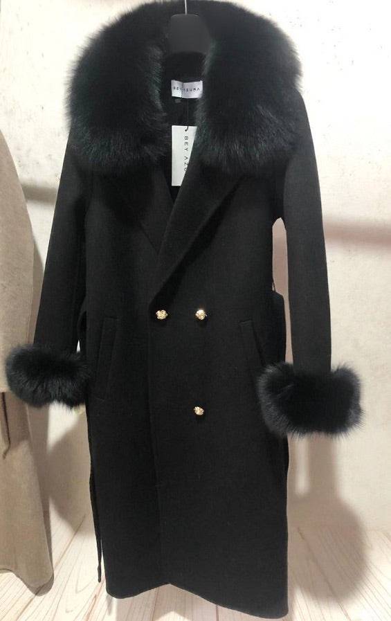 Lux Double Sided Cashmere Fox Fur Trim Midi Coat