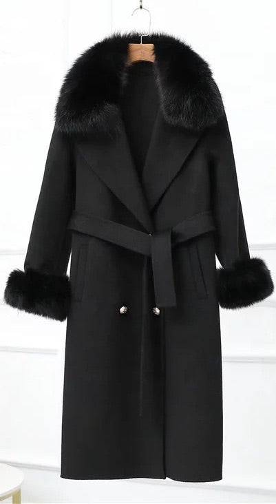 Lux Double Sided Cashmere Fox Fur Trim Midi Coat