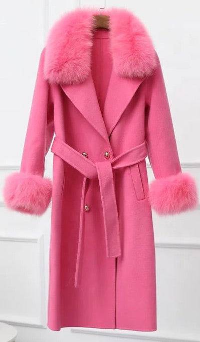 Lux Double Sided Cashmere Fox Fur Trim Midi Coat