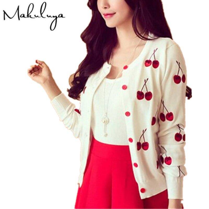 Makuluya Autumn Spring Women Sweater Cherry Embroidery Pattern - Various