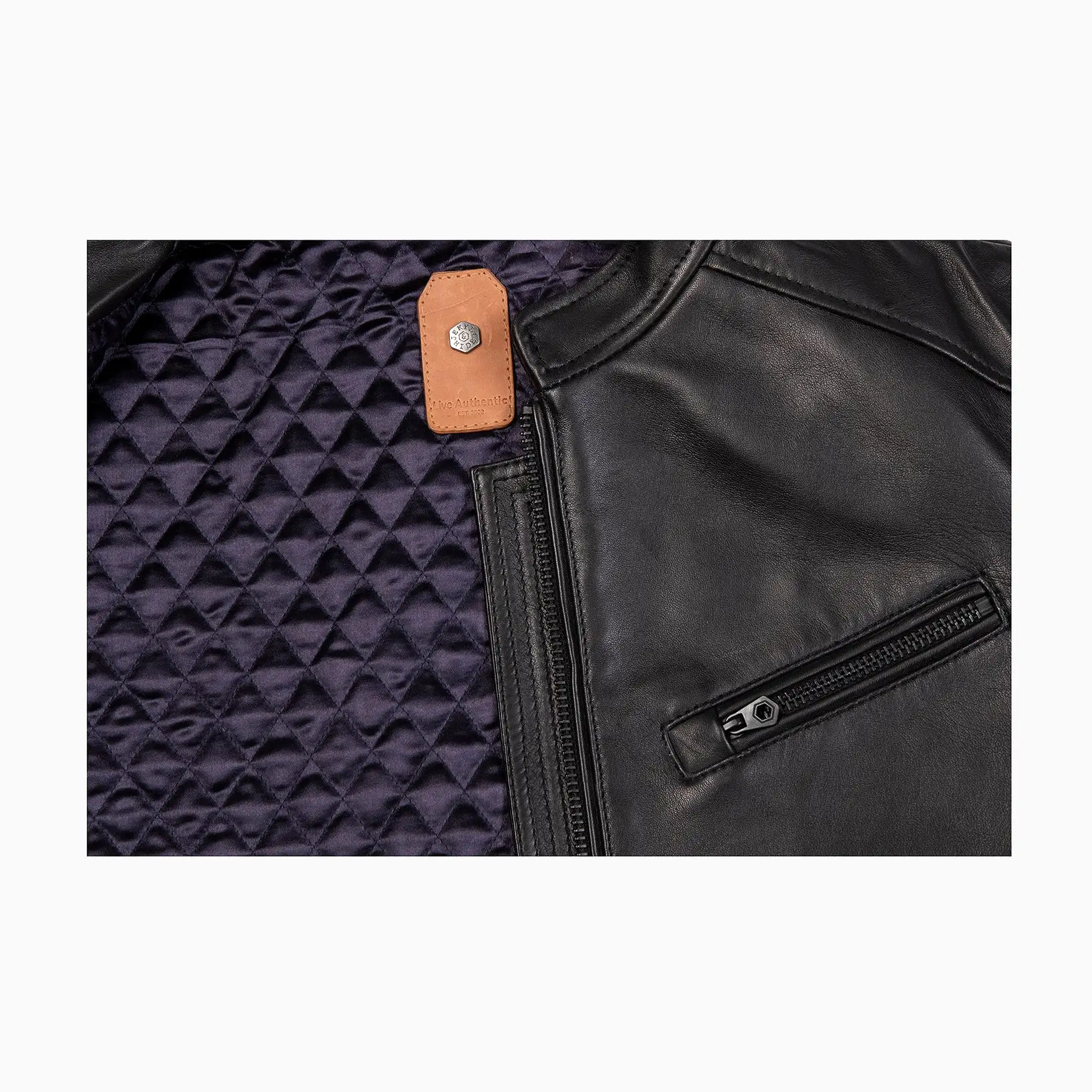 Mandarin Collar Leather Jacket, Black