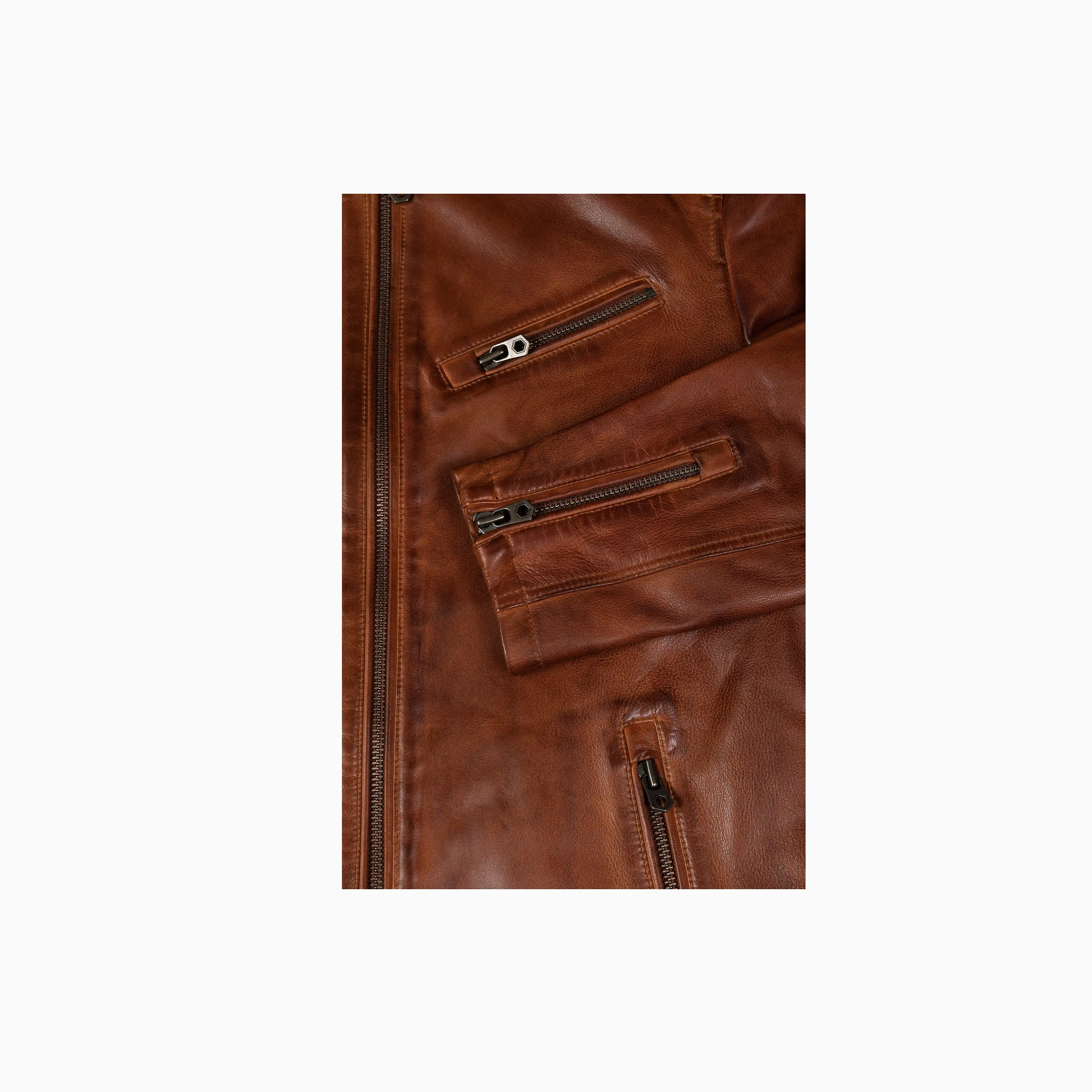 Mandarin Collar Leather Jacket, Cognac