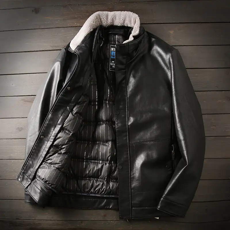 Mens Large size Detachable liner men's autumn and winter down cotton 2 in 1 leather jacket