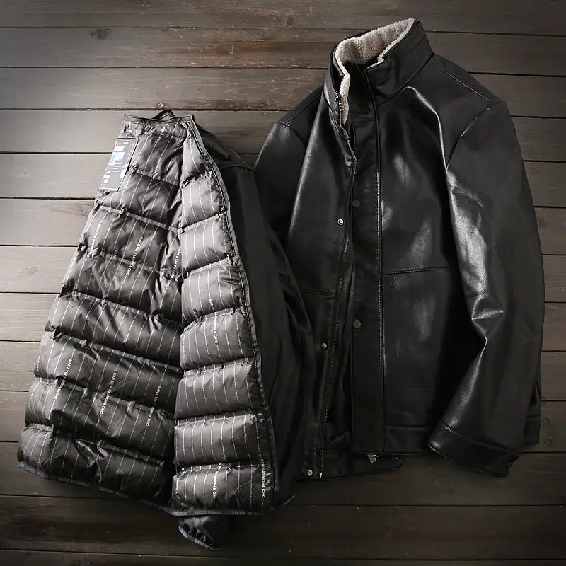 Mens Large size Detachable liner men's autumn and winter down cotton 2 in 1 leather jacket