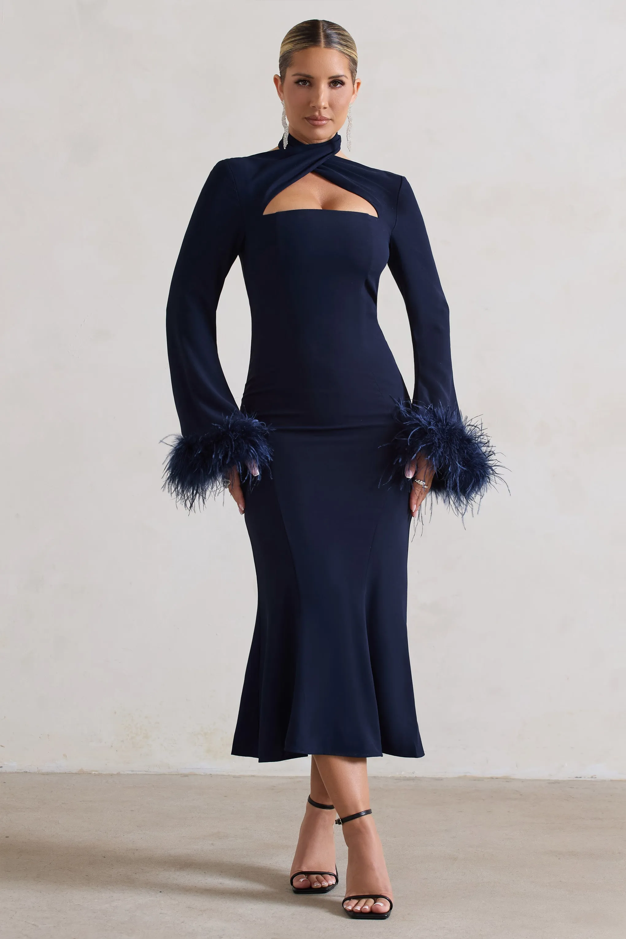 Monroe | Navy Cross Halter-Neck Midi Dress With Feather Cuffs