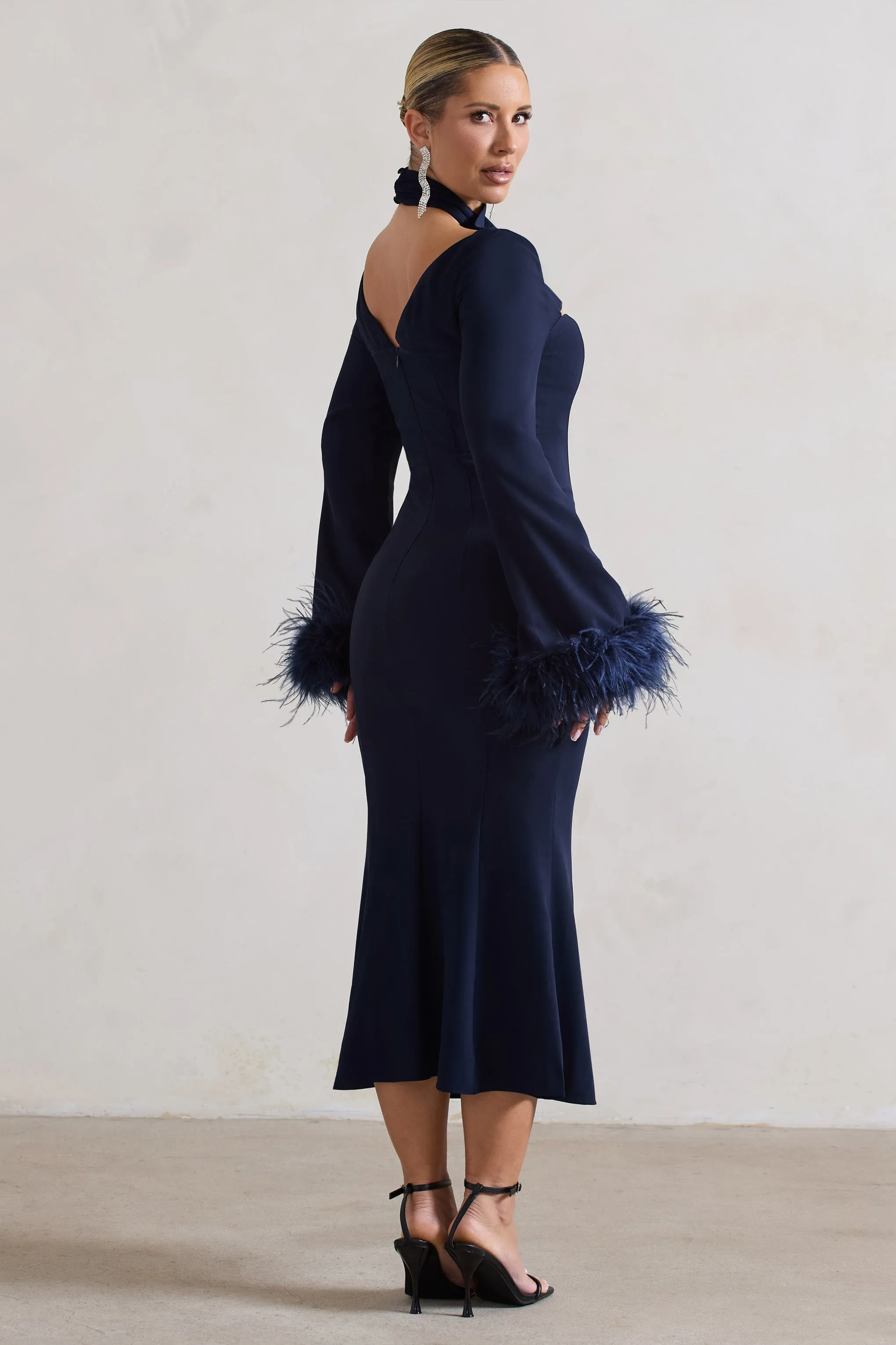 Monroe | Navy Cross Halter-Neck Midi Dress With Feather Cuffs