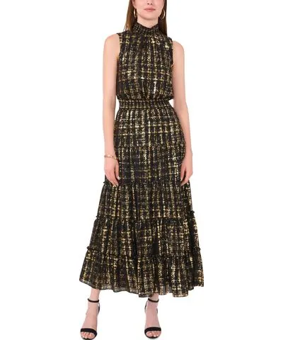 MSK Women's Plaid Smocked Mock-Neck Maxi Dress