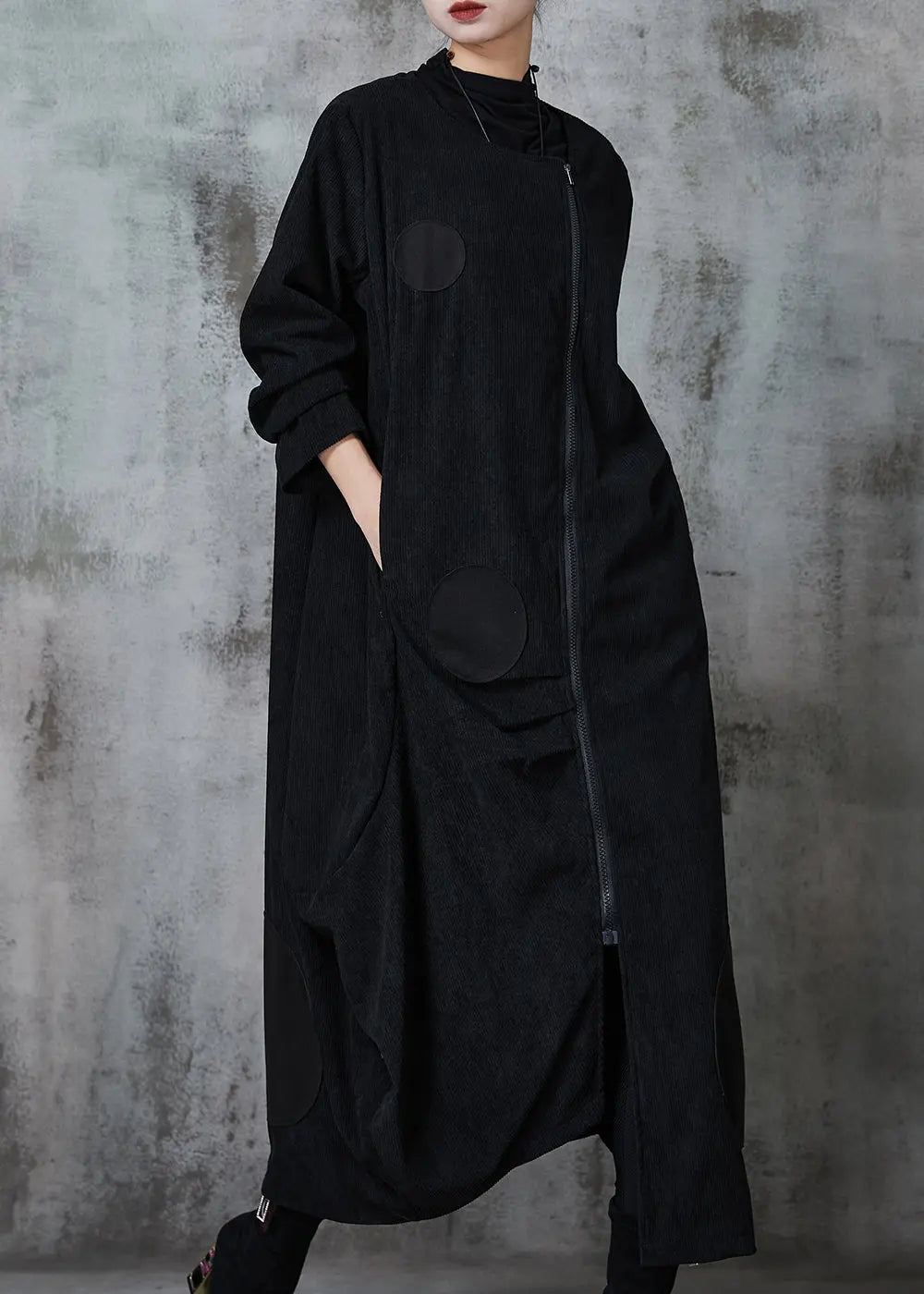 Natural Black Asymmetrical Zippered Cotton Coats Spring JK1027