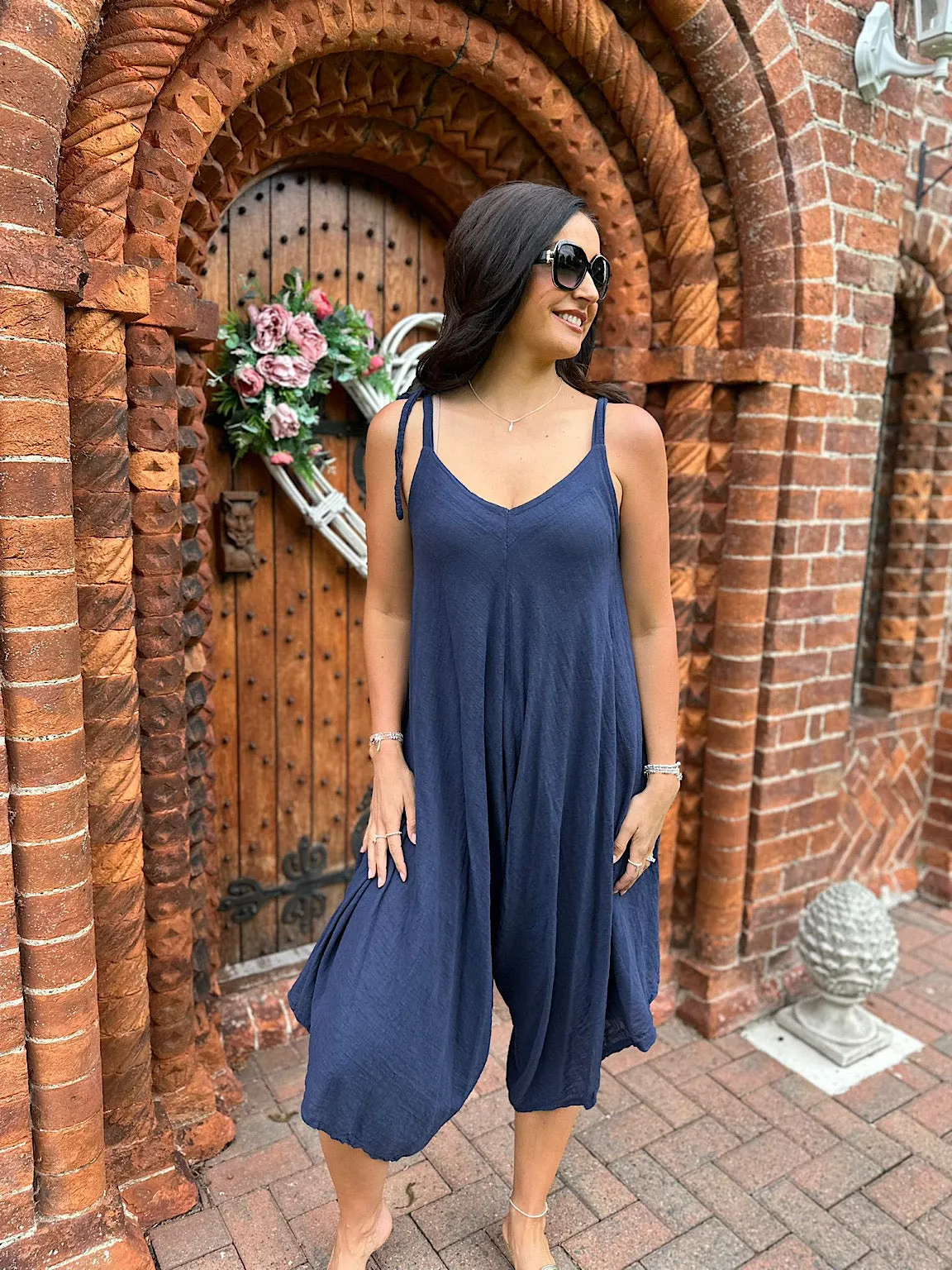 Navy Cotton Sleeveless Jumpsuit