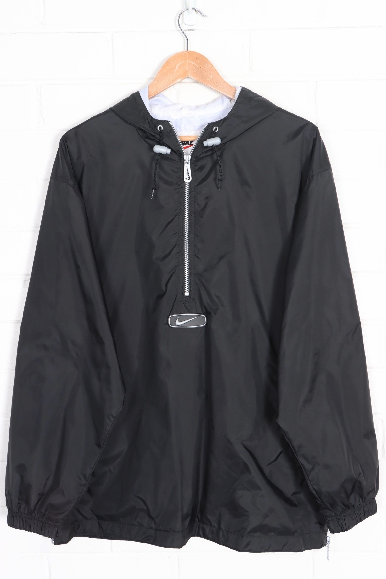 NIKE Centre Swoosh Logo 1/2 Zip Black Lined Hooded Windbreaker (M-L)