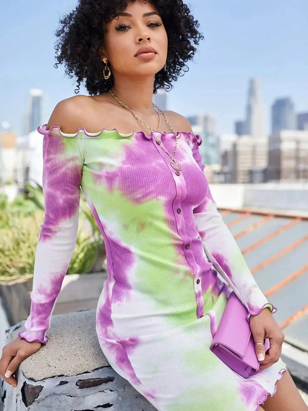 Off Shoulder Rib Knit Tie-Dye Mini Dress-Purple