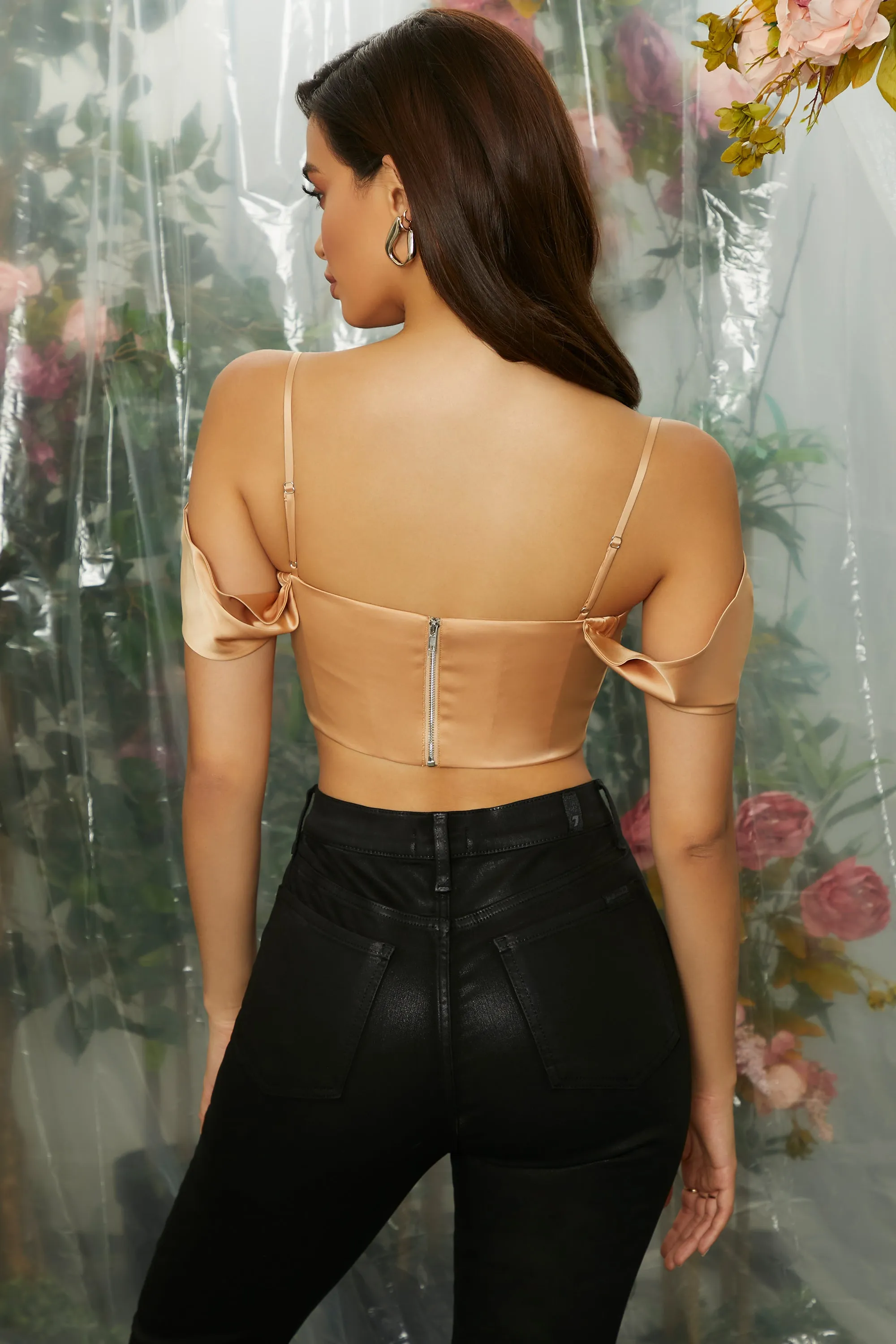 Off The Shoulder Cowl Neck Corset Crop Top In Beige