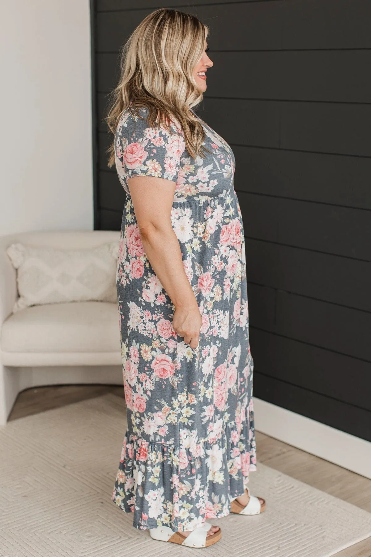 One Last Look Floral Maxi Dress- Charcoal & Pink