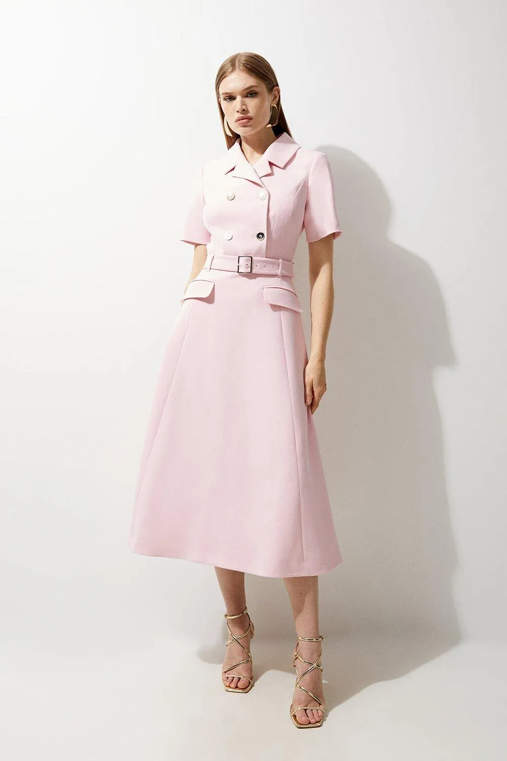 Petite Structured Crepe Full Skirted Midaxi Tailored Shirt Dress | Karen Millen