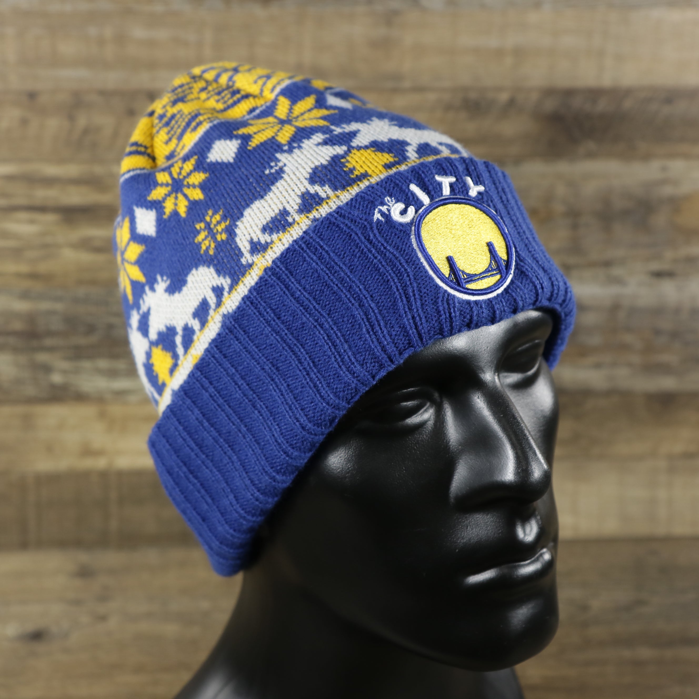 Retro Golden State Warriors Mooser Ugly Sweater Cuffed Winter Beanie | Royal Blue And Yellow Winter Beanie