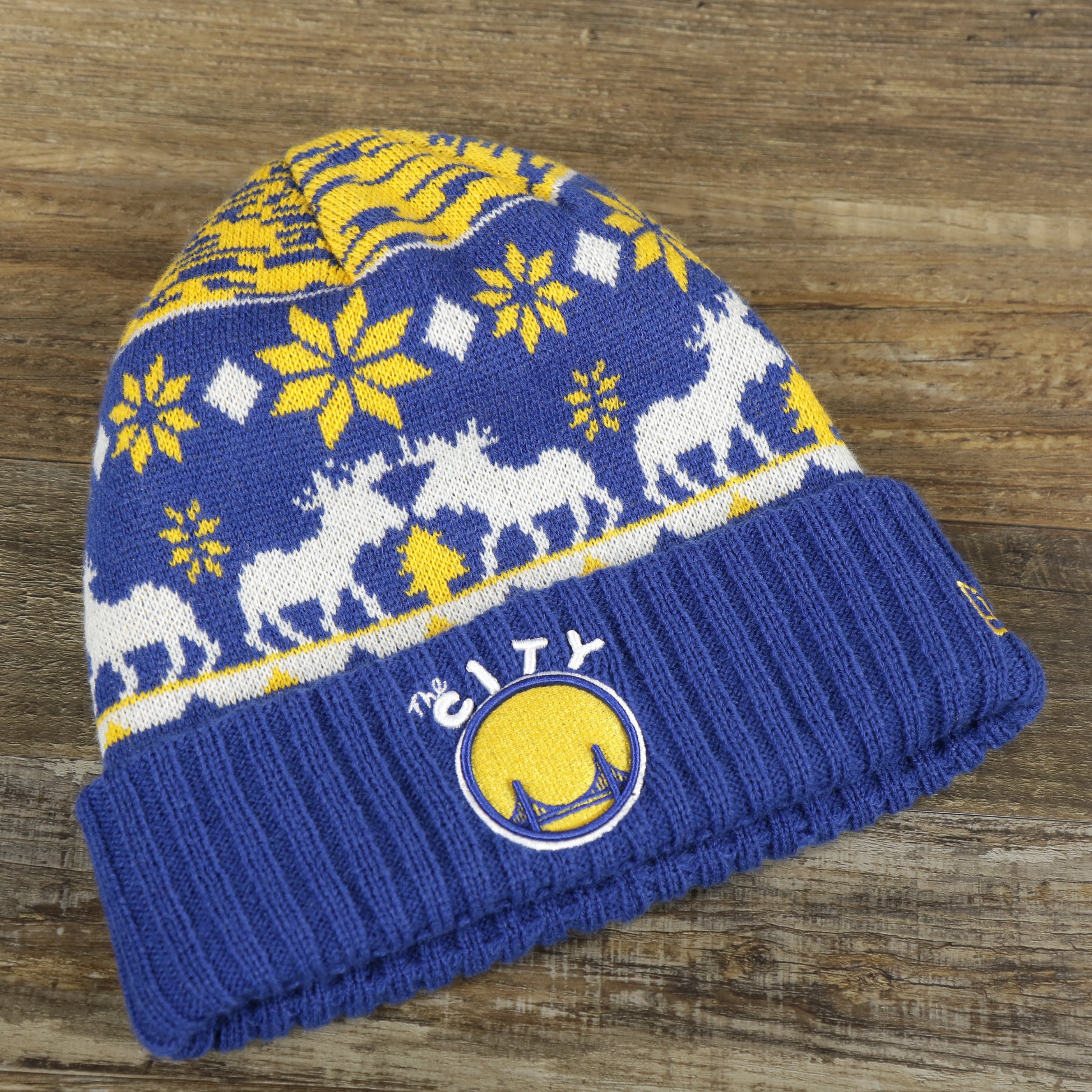 Retro Golden State Warriors Mooser Ugly Sweater Cuffed Winter Beanie | Royal Blue And Yellow Winter Beanie